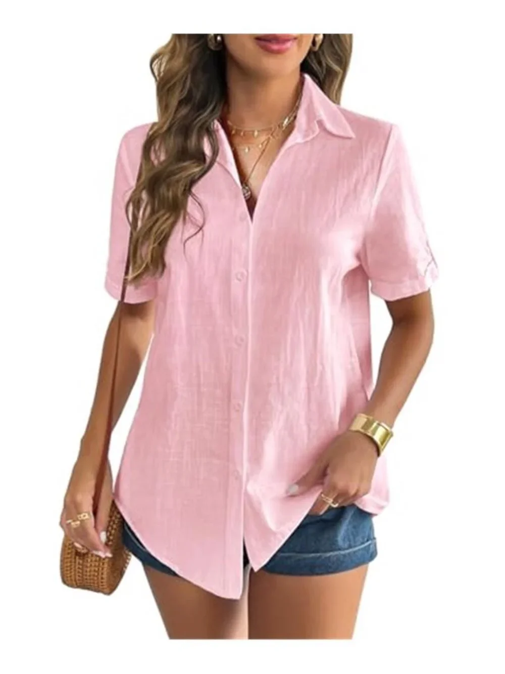 Womens Cotton Button Down Shirt Short Sleeve Collared Linen Look Blouse Top